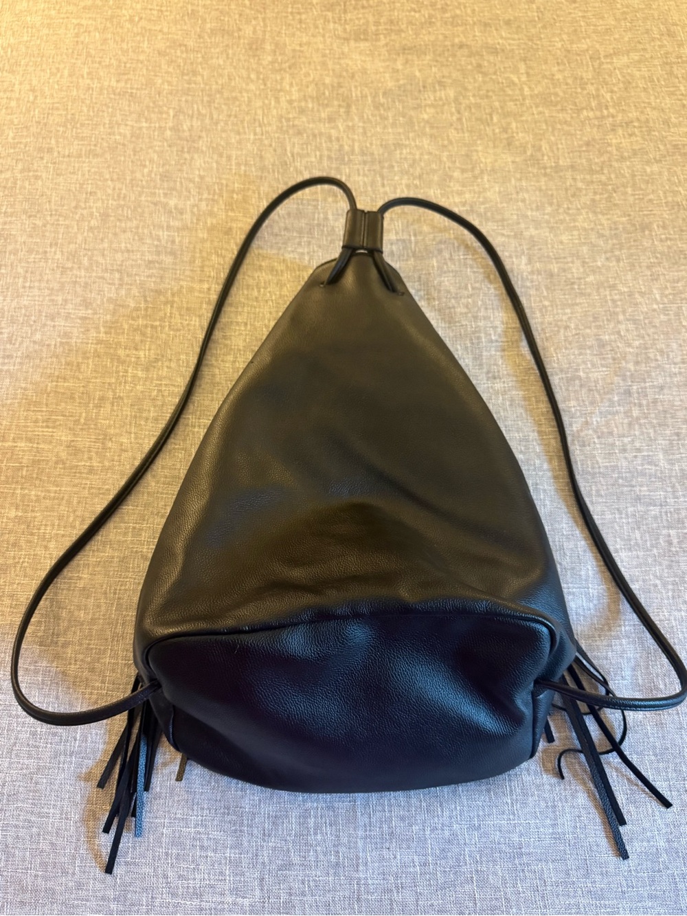 Victoria's Secret Black Faux Leather Fringe Drawstring Boho Bag - Picture 5 of 16